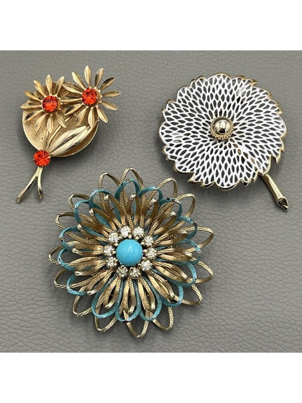 Vintage Flower Brooch Lot Gold Tone Rhinestone Enamel Cabochon Floral Retro